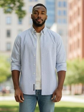 Brooks Brothers Light Blue and White Striped Button-Down Shirt In EUC